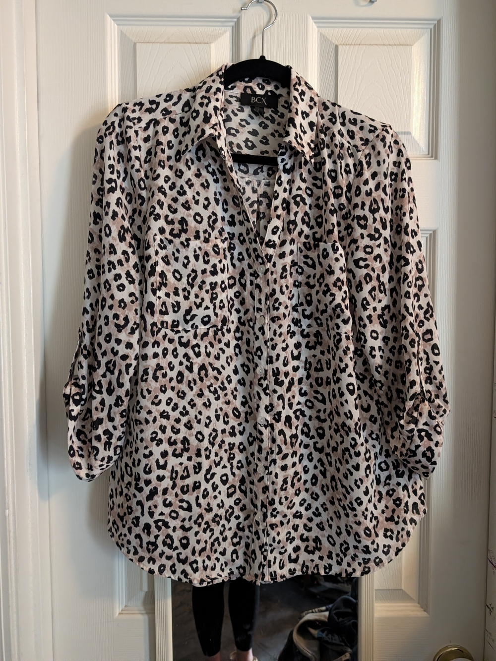 BCX Pink and Black Leopard Print Button-Down Shirt
